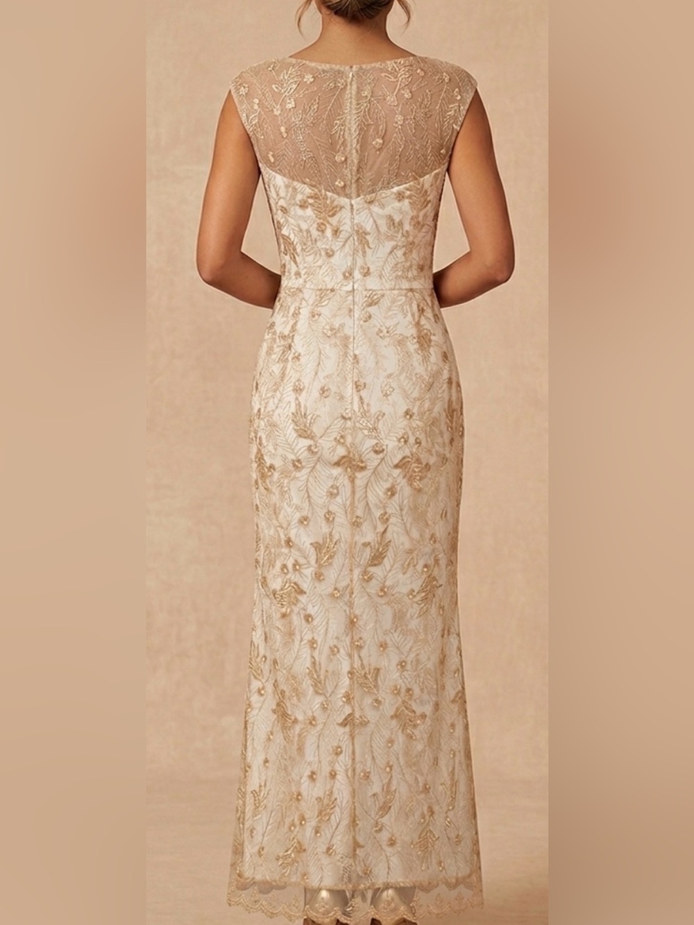 Champagne Sleeveless Sheath Dress with Gold Embroidered Overlay #385 - Picture 6 of 13